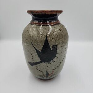 Tonala Mexico Folk Art Pottery Vase Hand Painted Blue Bird Flowers Leaves